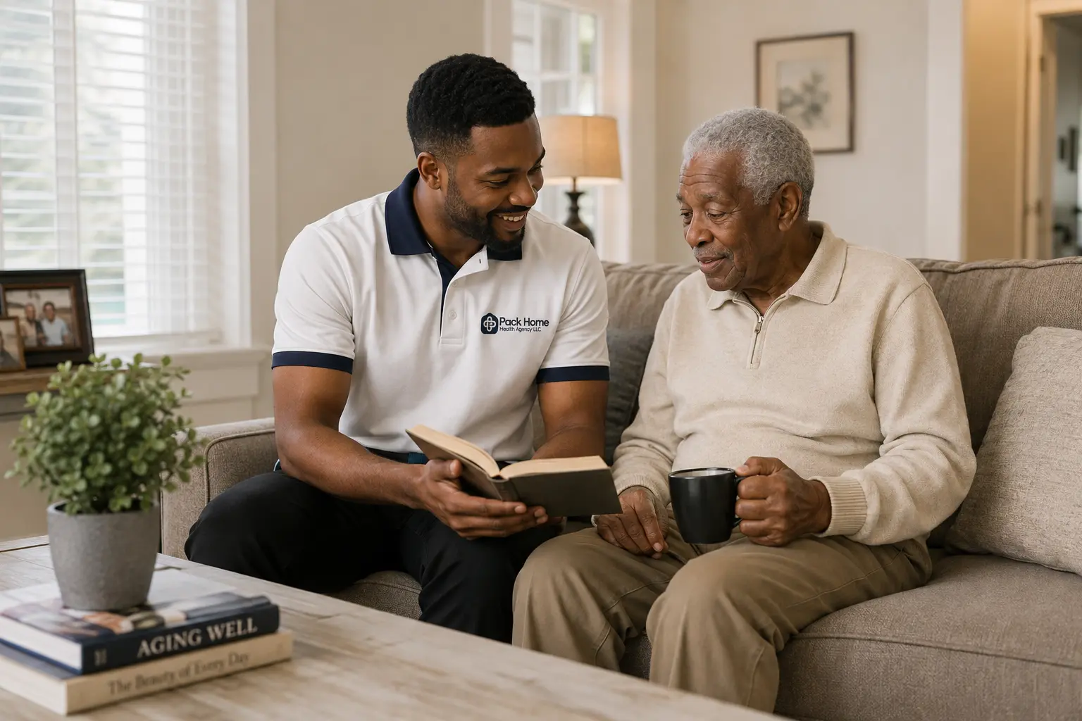 Male caregiver supporting elderly man