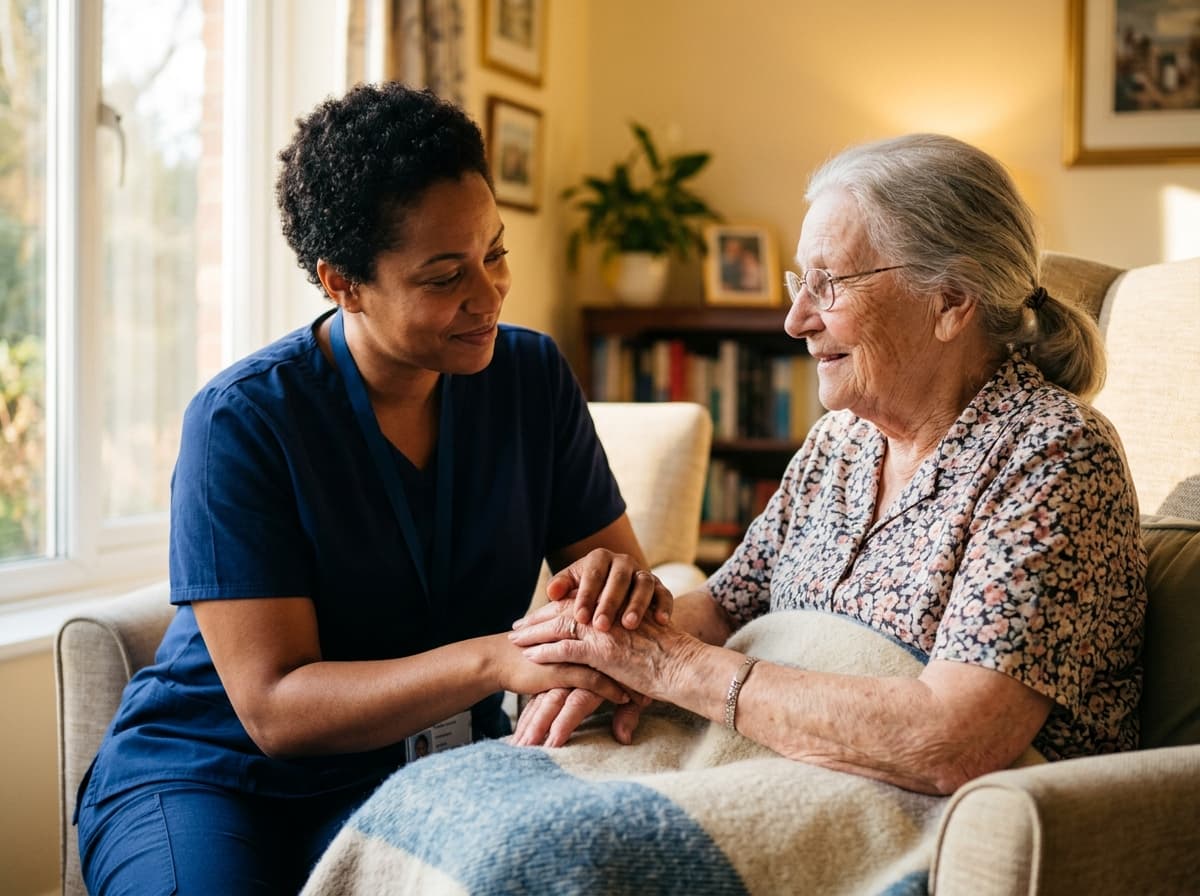 Caregiver holding elderly person's hand